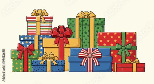 A colorful assortment of wrapped gift boxes with ribbons and bows, stacked together for a celebration or holiday.