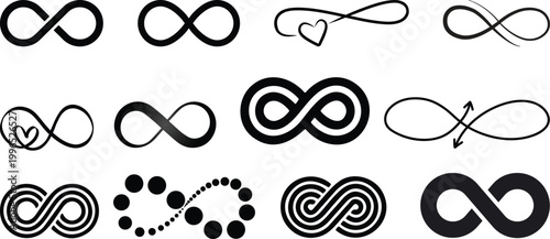 Infinity icon set, infinity eternity infinite endless loop symbols, unlimited infinity collection icons, flat style, showing eternal symbols, infinite loops, limitless concepts and clean modern vector