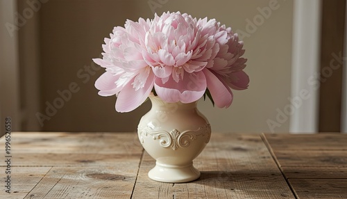 A delicate pink peony bouquet in a cream-colored vase on a rustic wooden table