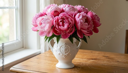 A beautiful bouquet of pink peonies in a white vase on a wooden table by a window