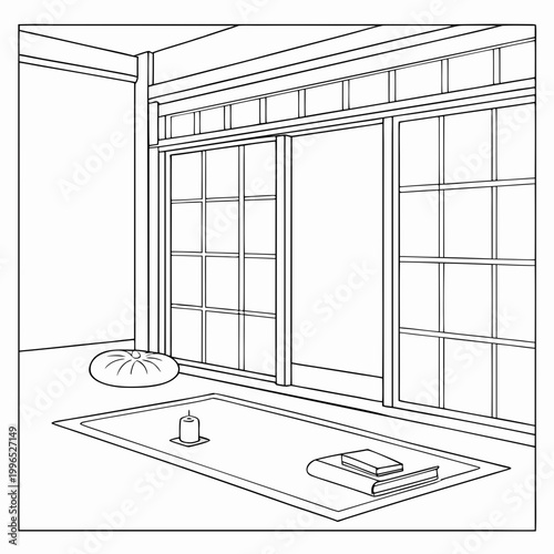 Empty traditional japanese style room with shoji screens a yoga mat meditation cushion candle books japanese meditation