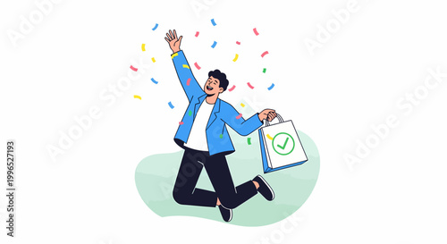 Man Celebrating with Confetti and Certificate.