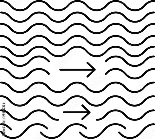 Wave flow direction illustration featuring moving water lines with arrows indicating current motion fluid dynamics concept minimal vector design
