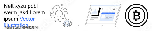Blockchain, cryptocurrency, digital payments, fintech, decentralized systems, financial innovation. Laptop screen showing digital tools, cogwheels Bitcoin symbol. Blockchain and cryptocurrency
