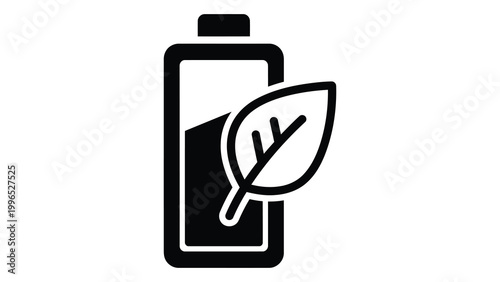 Eco friendly battery icon, sustainable energy concept, green power symbol, rechargeable battery with a leaf, isolated on white background