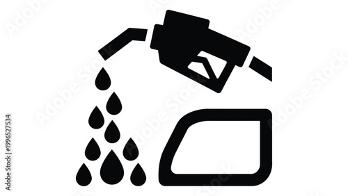 Fuel pump nozzle icon with liquid drops and car fuel tank symbol isolated on white background