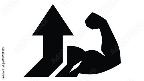Icon of a muscular arm flexing with an upward pointing arrow, symbolizing strength, growth, progress, and fitness