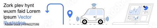 Smart transportation, GPS tracking, data analysis, wireless communication, navigation, technology trends. Autonomous car with signal icons and a computer displaying analytical charts. Smart