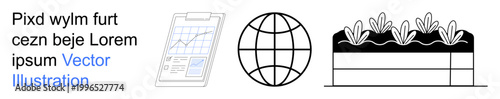 Agriculture, global communication, data analysis, environmental sustainability, business development, eco-friendly practices. Simple icons of plants, a globe and a clipboard. Agriculture and global