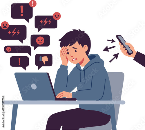 Stressed young man working on a laptop while receiving negative messages on his phone, representing cyberbullying and online pressure.
