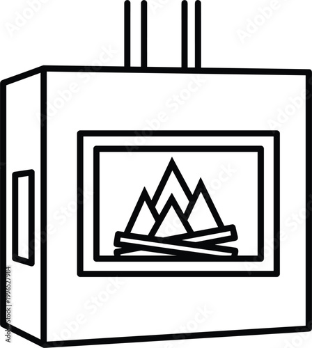 Wood burning stove outline illustration featuring indoor heating appliance with fire chamber chimney and home warmth concept vector design