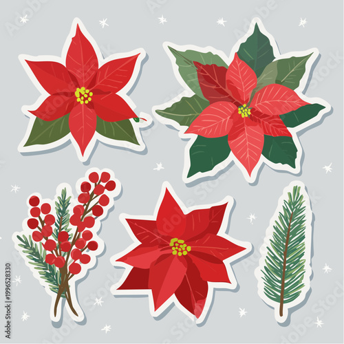 Christmas Poinsettia and Holly Berry Stickers