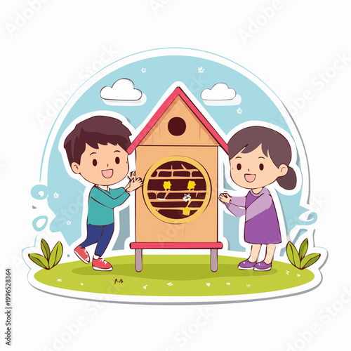 Children observing a bee hotel