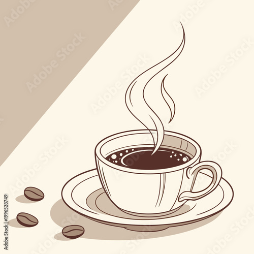 Steaming cup of coffee with beans on saucer