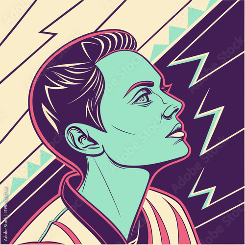 Teal and pink man looking up with lightning bolts