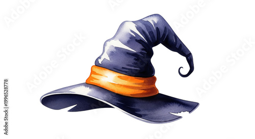 Witch Hat Watercolor Painting, Pointed Cap with Orange Band, Isolated on White