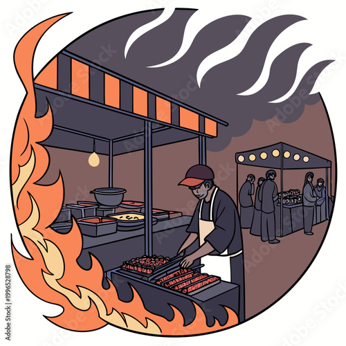 Man grilling food at outdoor barbecue stand with flames