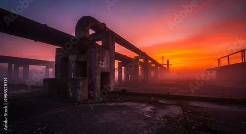 A dramatic view of an abandoned industrial site featuring rusted metal pipes, crumbling concrete structures, and hazardous fog at sunset, urban, dramatic, hazard