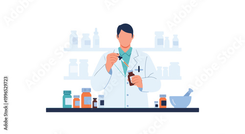 A professional pharmacist in a white lab coat meticulously prepares medicine using a dropper and various bottles in a modern laboratory setting.