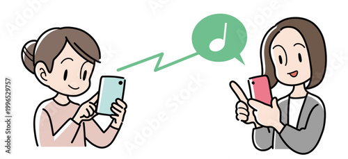 Half length illustration of two smiling women happily communicating via smartphone messaging app
