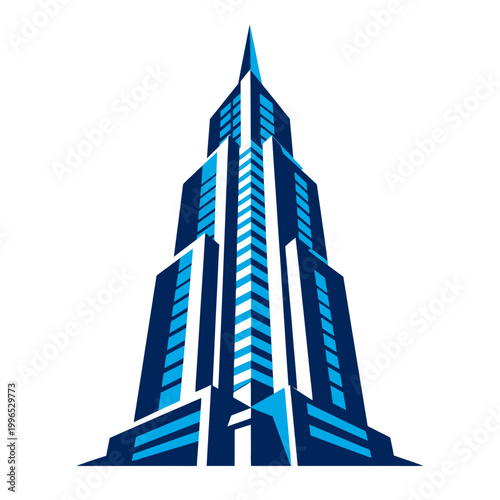 Minimalist flat vector design of a modern geometric skyscraper with sharp architectural lines