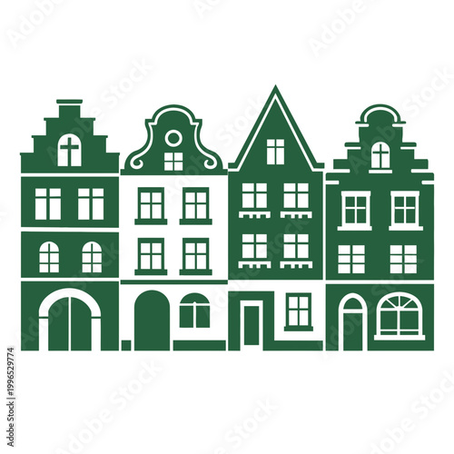 Traditional European townhouses with gabled roofs