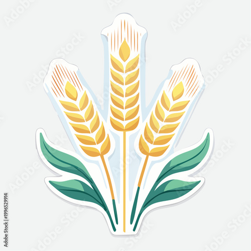 Stylized illustration of three wheat stalks with green leaves