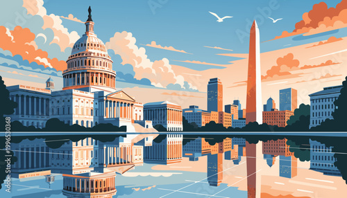 Washington DC Skyline Illustration at Sunset with Water Reflection