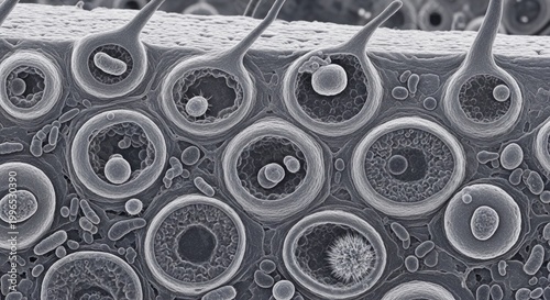 Microscopic view of carbon nanotubes, scientific 3d render, futuristic nanotechnology concept, black and white