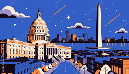 Washington DC Skyline Night Illustration with Capitol and Monument