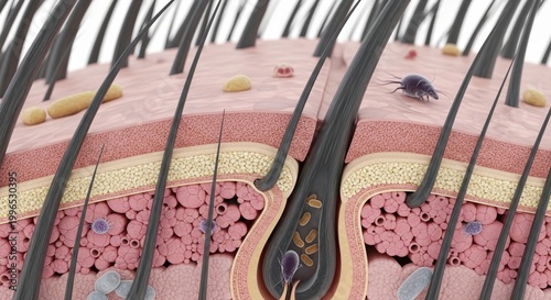 3d render of hair follicle and skin layers with dermatological analysis, medical illustration, scientific study