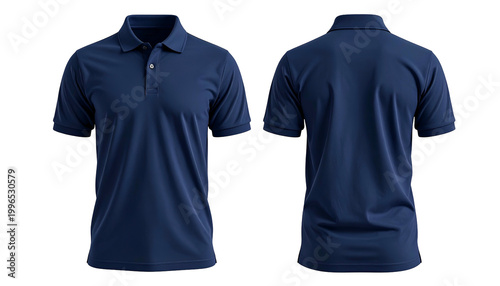 Two views of a plain navy blue polo shirt against a black background