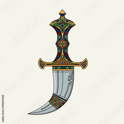 Detailed Traditional Ornate Middle Eastern Dagger Illustration with Curved Blade and Colorful Mosaic Pattern Hilt Artwork