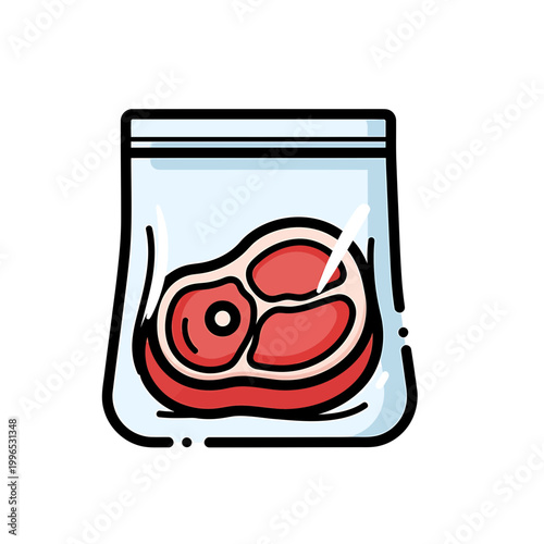 Outline Handdrawn Fresh Raw Meat Steak in Vacuum Sealed Plastic Packaging Bag Icon Illustration