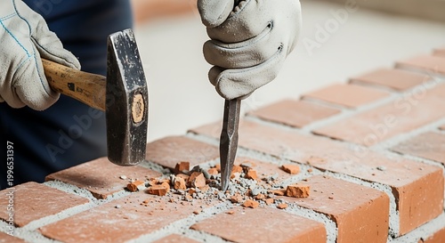 Masonry worker using hammer and chisel to chip a brick wall
