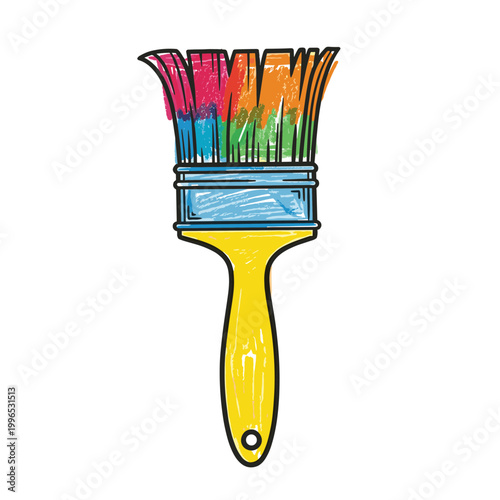 A colorful paintbrush with multicolored bristles stands upright on a simple background.