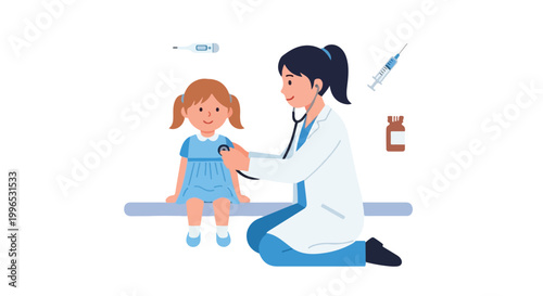 A female pediatrician wearing a white lab coat uses a stethoscope to examine a young girl in a clinic setting with medical icons.