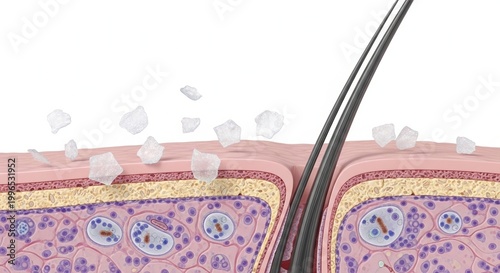 Microscopic view of skin cells and hair follicle, detailed medical illustration, scientific diagram, educational purpose