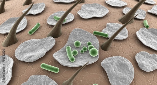 3d render of bacteria and viruses on a surface, medical science illustration, microorganisms, pathogens, infection concept