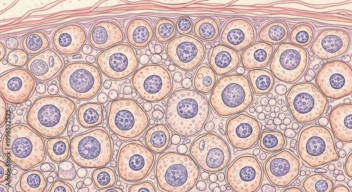 Microscopic image of adipose tissue cells, high magnification, scientific research, medical study, vector art