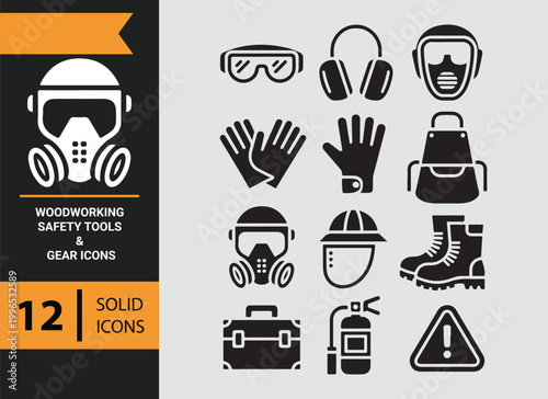 Woodworking Safety Tools Protective Gear Workshop Icons Set