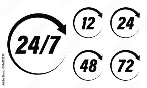 24/7 Service and Extended Hours Icons Set Circular Arrow Time Availability Symbols
