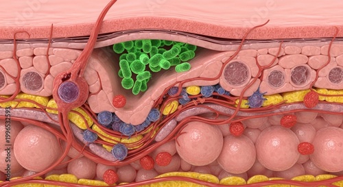 Detailed 3d illustration of human skin layers showing hair follicle and sebaceous gland, medical education
