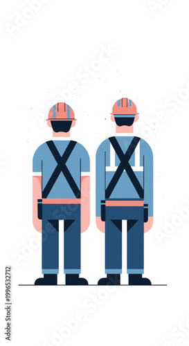 Dedicated industrial workers illustrate workplace safety protocols, wearing essential hard hats and safety harnesses for secure operations and occupational protection