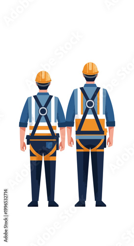 Two construction workers from behind, equipped with hard hats and safety harnesses, showcasing essential personal protective equipment for industrial workplace safety and compliance