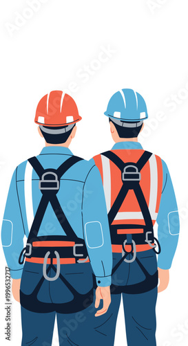 Back view of two construction workers wearing safety harnesses and hard hats, emphasizing essential workplace safety and industrial protection measures for hazardous environments and teamwork
