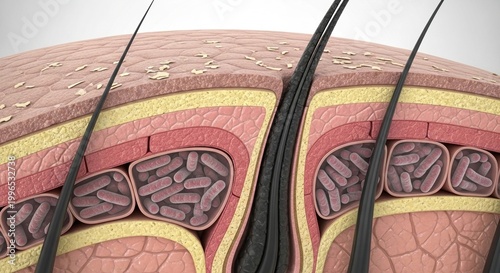 3d render of human hair follicles and skin layers, detailed medical illustration, educational graphic