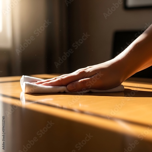 Person wiping wooden table surface with white cloth in bright sunlight