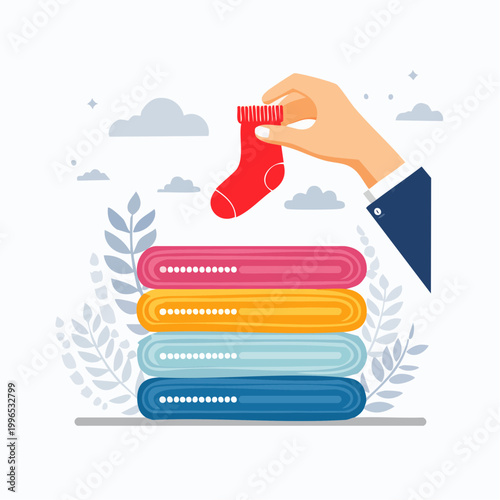 Hand placing red sock on stack of colorful progress bars