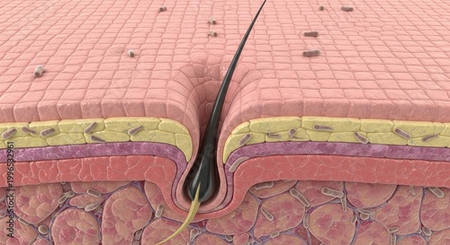 Close-up 3d render of a hair strand emerging from human skin, showcasing detailed skin layers and hair follicle